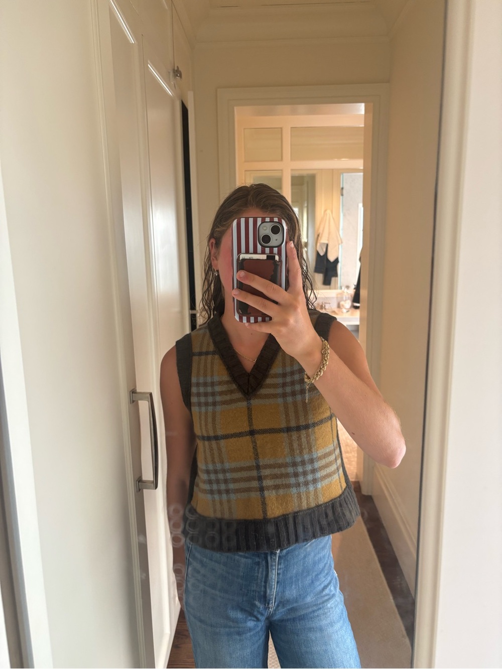 Sea New York Plaid V-Neck Knit Vest in Mustard and Brown